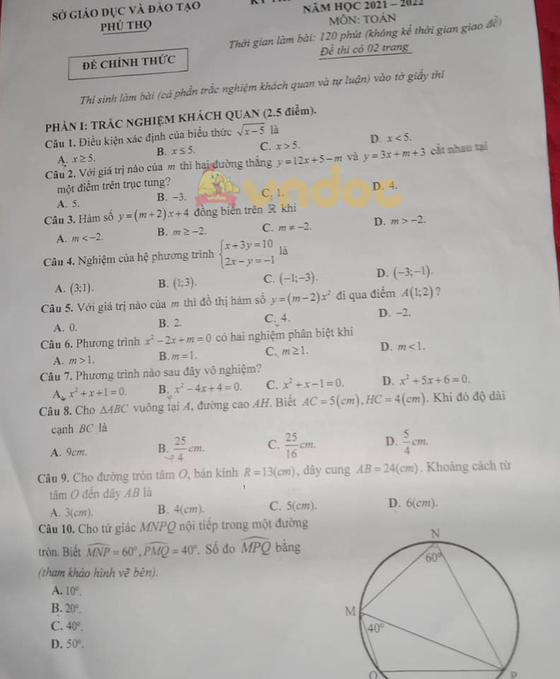 Đề thi vào lớp 10 môn Toán tỉnh Phú Thọ năm 2021