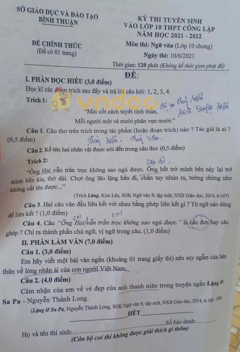 Đề thi vào lớp 10 môn Văn tỉnh Bình Thuận năm 2021