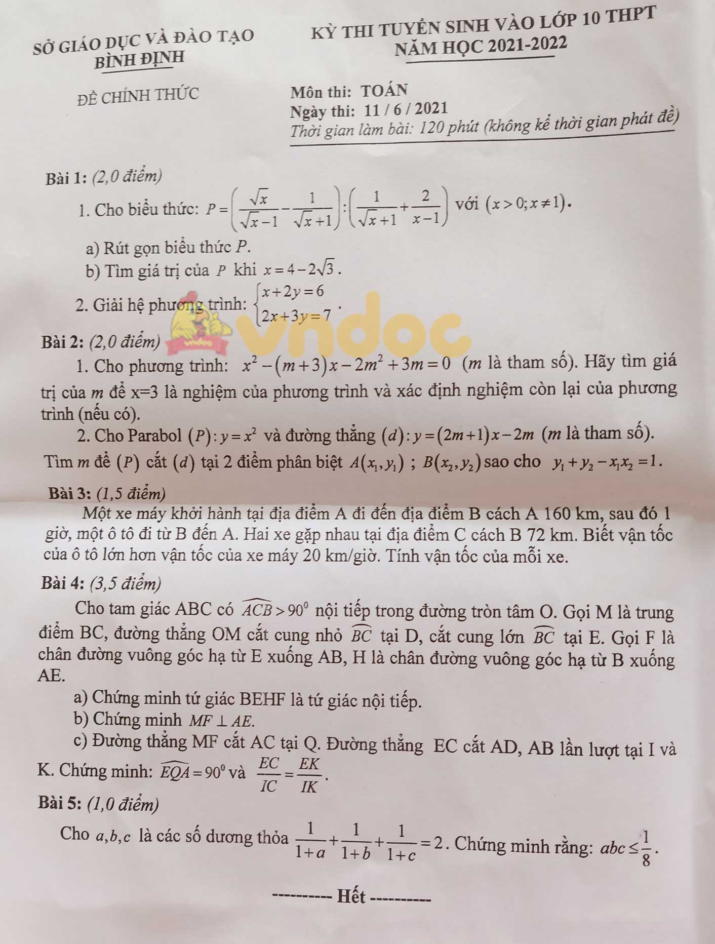 Đề thi vào lớp 10 môn Toán tỉnh Bình Định năm 2021