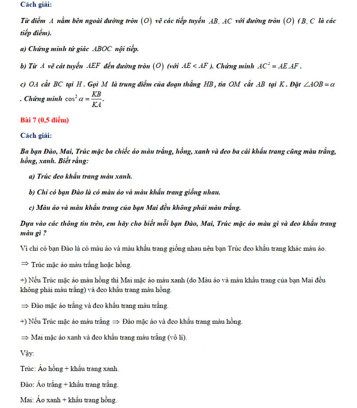 Đáp án đề thi vào lớp 10 môn Toán tỉnh Bình Thuận năm 2021