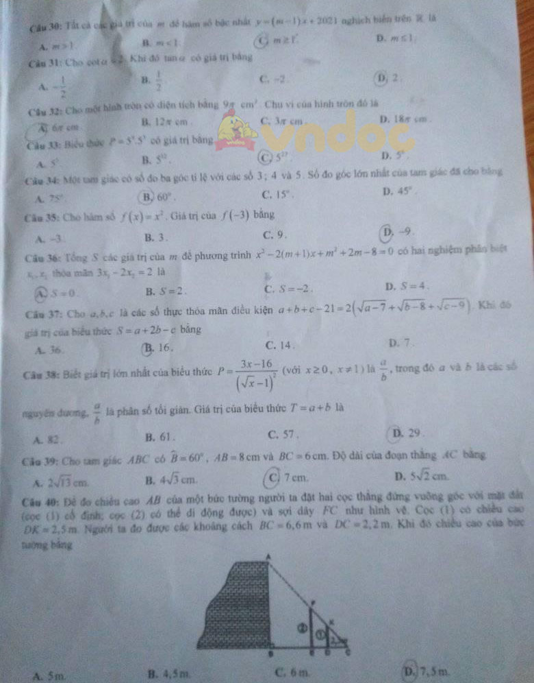 Đề thi vào lớp 10 môn Toán tỉnh Yên Bái năm 2021
