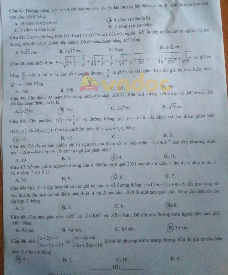 Đề thi vào lớp 10 môn Toán tỉnh Yên Bái năm 2021