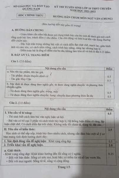 Đáp án đề thi tuyển sinh lớp 10 năm 2011 môn Văn chuyên Sở GD&ĐT Quảng Nam 
