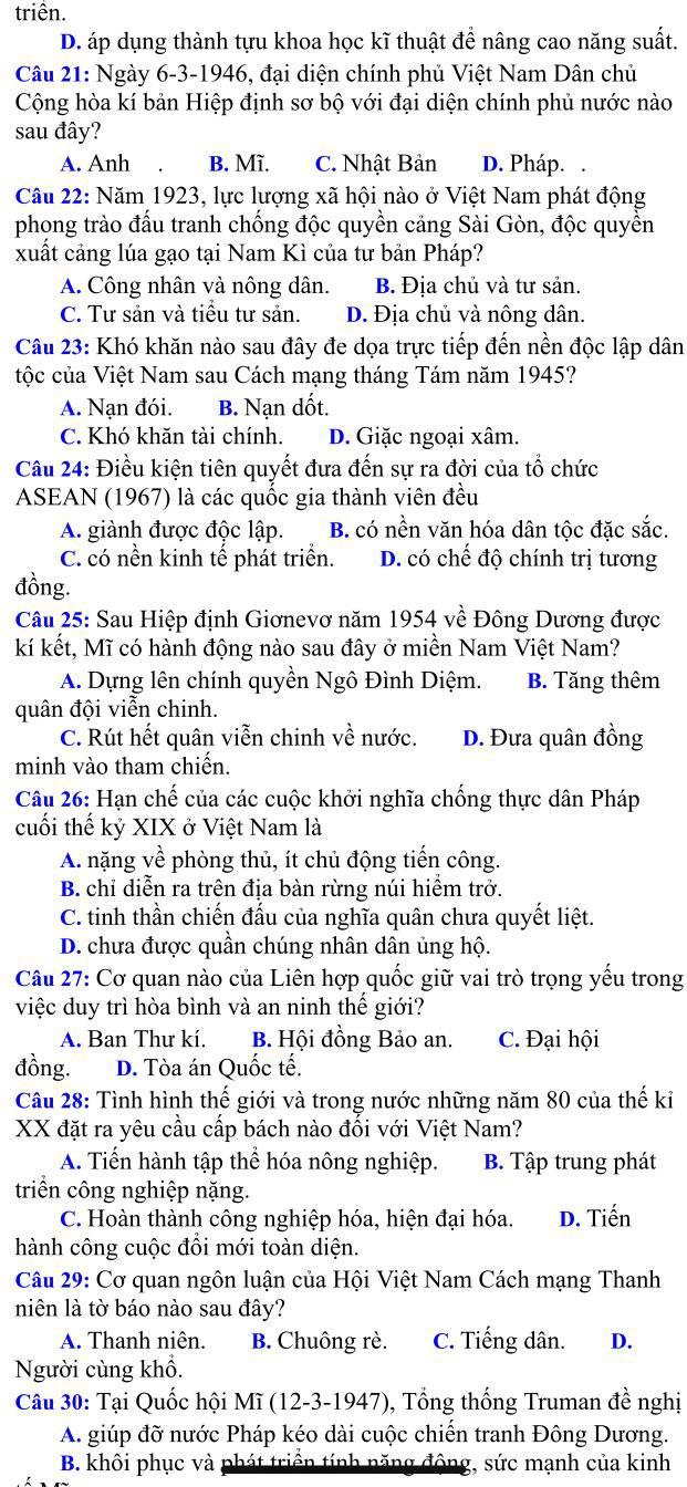Đề thi thử THPT Quốc gia 2021 môn Sử đợt 2