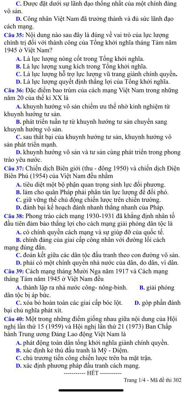 Đề thi thử THPT Quốc gia 2021 môn Sử đợt 2