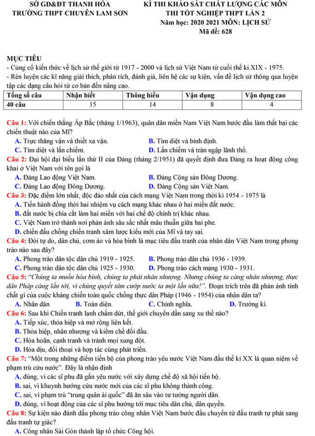 Đề thi thử THPT Quốc gia 2021 môn Sử