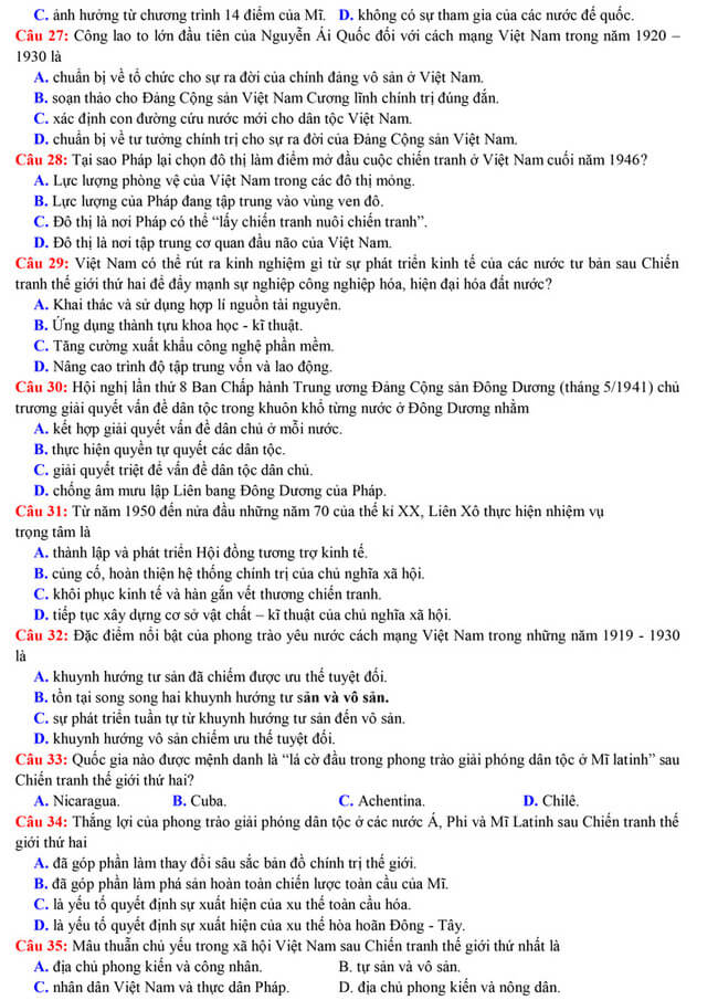 Đề thi thử THPT Quốc gia 2021 môn Sử