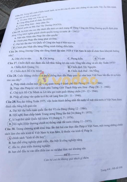 Đề thi tuyển sinh lớp 10 môn Sử Hà Nội 2021