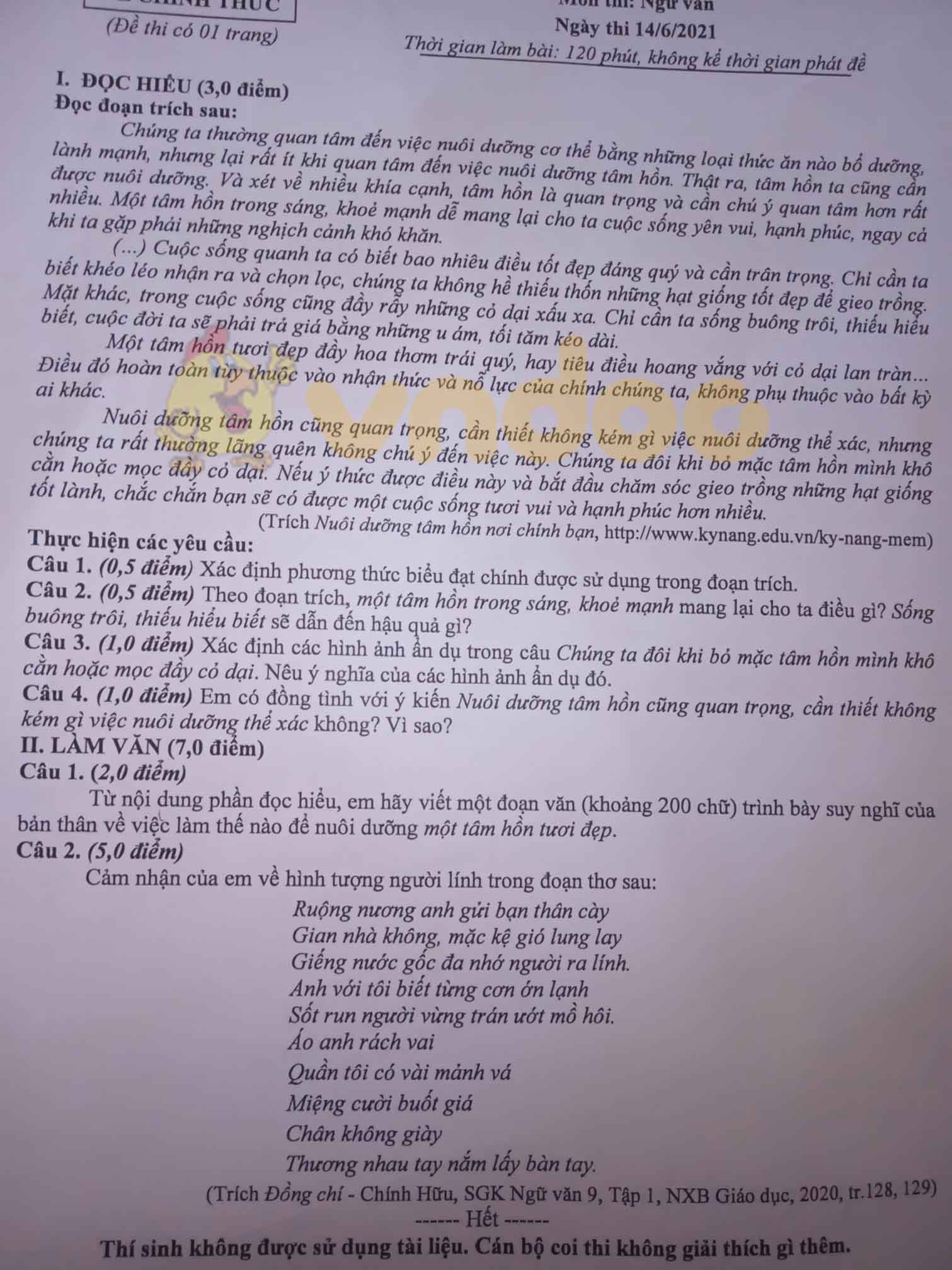 Đề thi tuyển sinh lớp 10 môn Văn Sơn La năm 2021