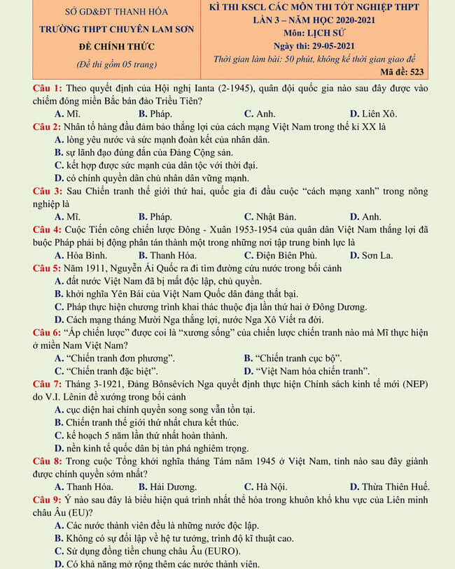 Đề thi thử THPT Quốc gia 2021 môn Sử có đáp án