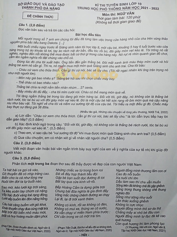 Đề thi tuyển sinh lớp 10 môn Văn Đà Nẵng năm 2021