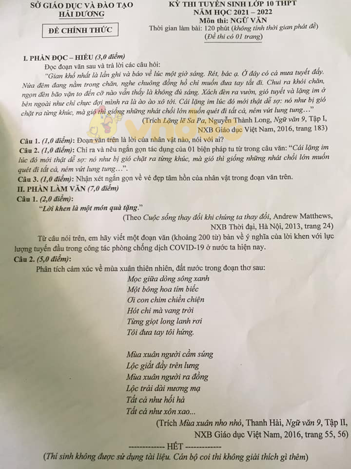 Đề thi vào lớp 10 môn Văn tỉnh Hải Dương năm 2021