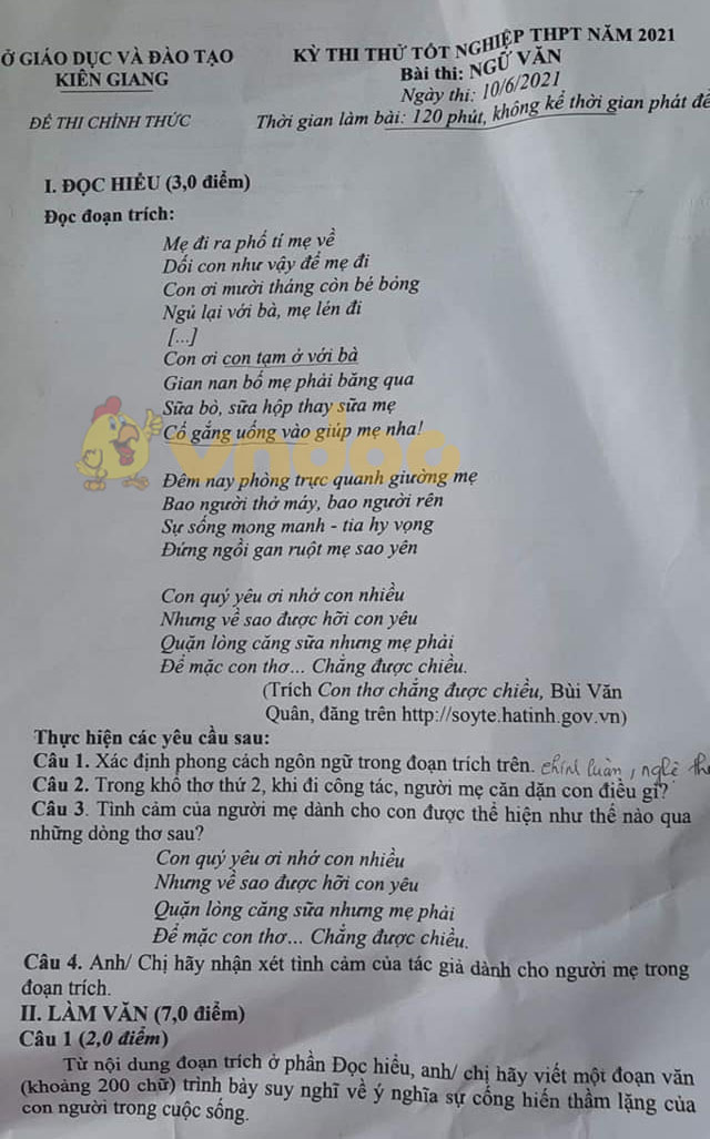 Đề thi thử vào lớp 10 môn Văn năm 2021 Kiên Giang