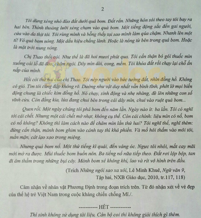 Đề thi tuyển sinh lớp 10 môn Văn Bắc Kạn năm 2021