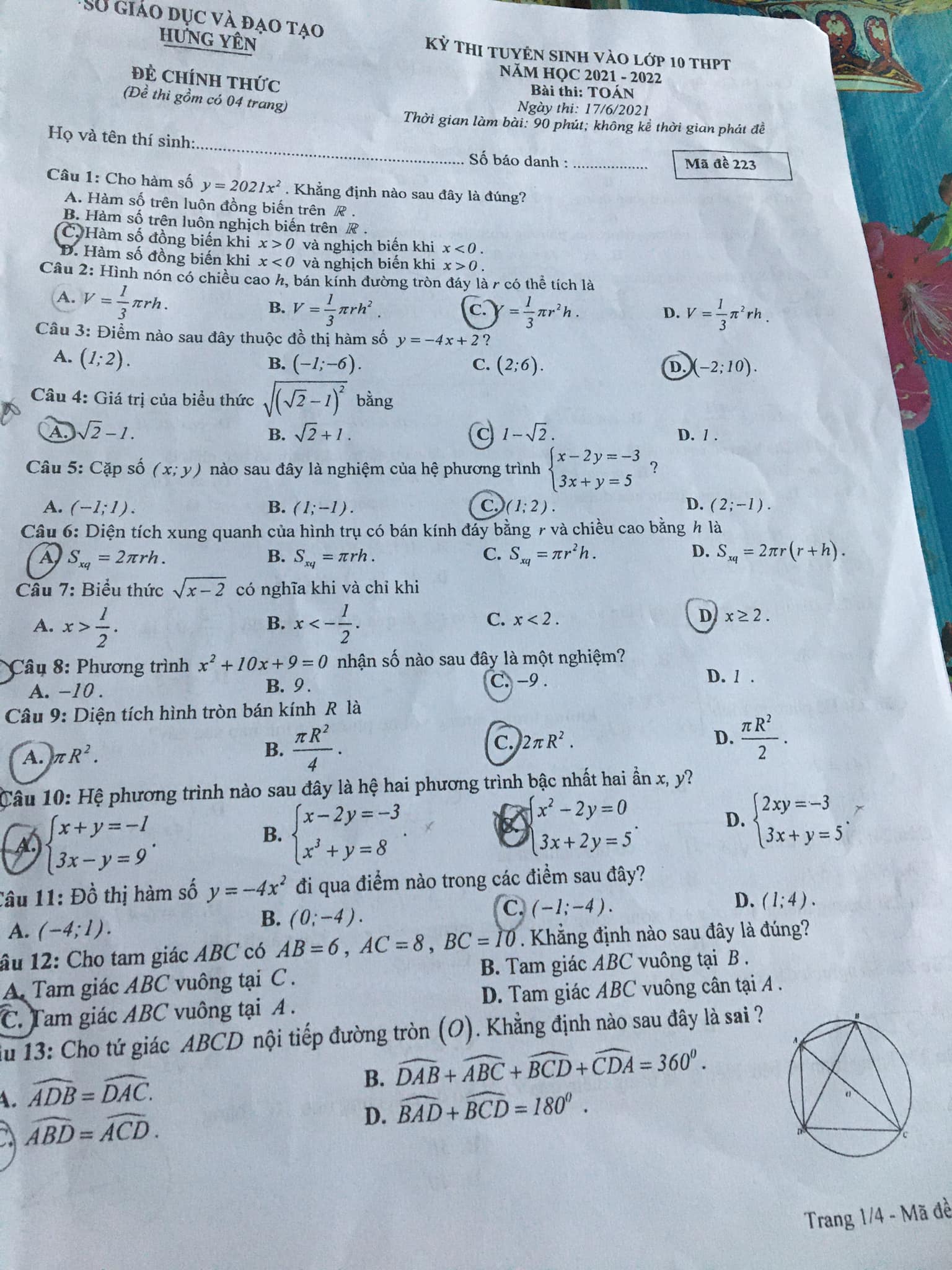 Đề mã 223 thi vào 10 Hưng Yên