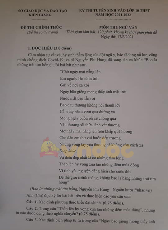 Đề thi tuyển sinh lớp 10 môn Văn Kiên Giang 2021