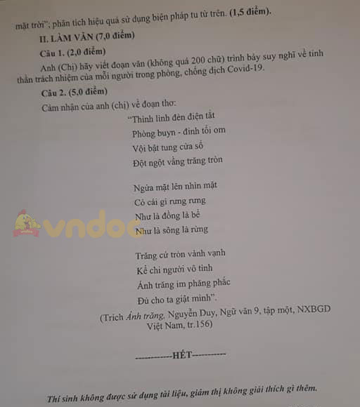 Đề thi tuyển sinh lớp 10 môn Văn Kiên Giang 2021