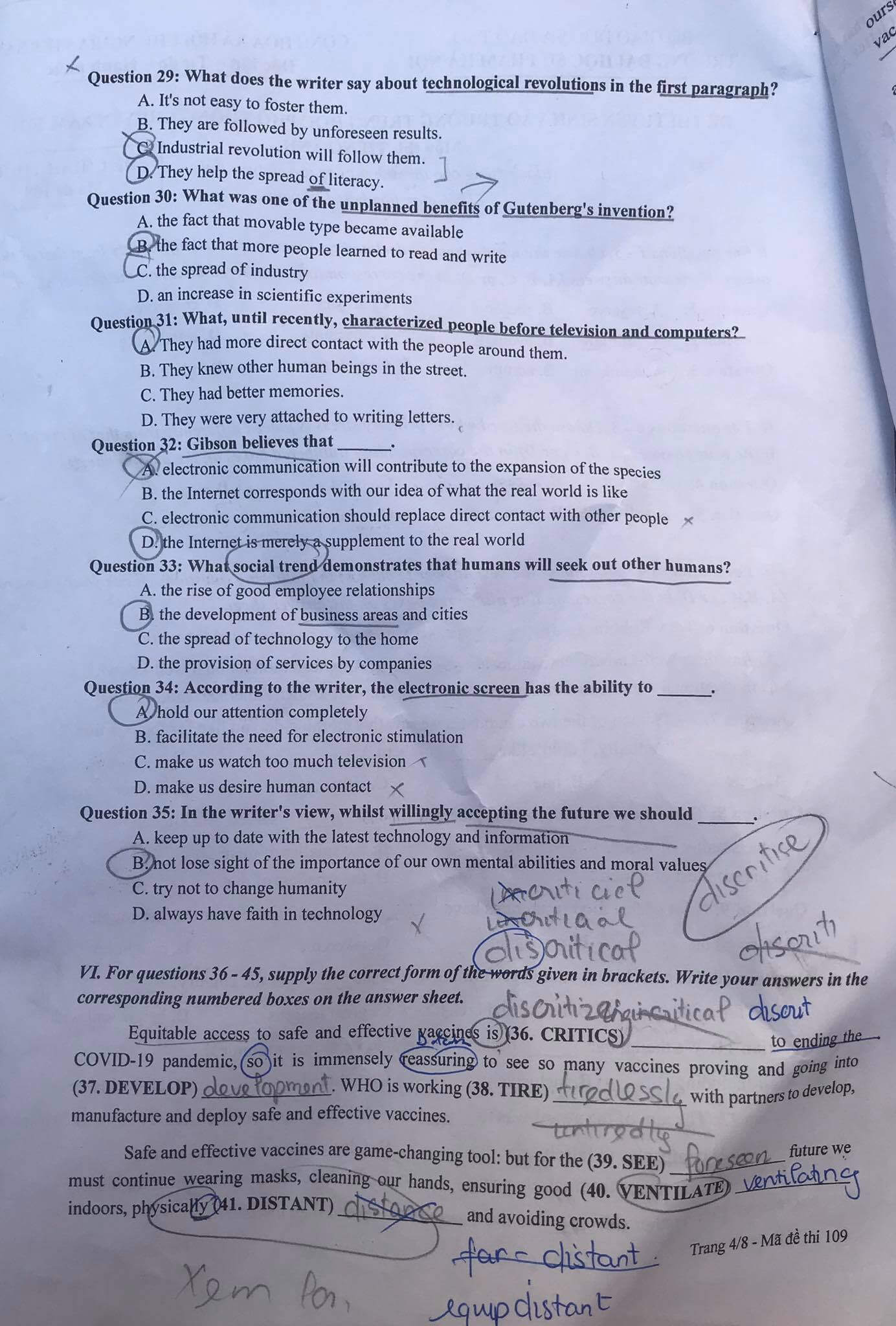 Đáp án Đề thi tuyển sinh lớp 10 chuyên Anh Sư Phạm Hà Nội 2021