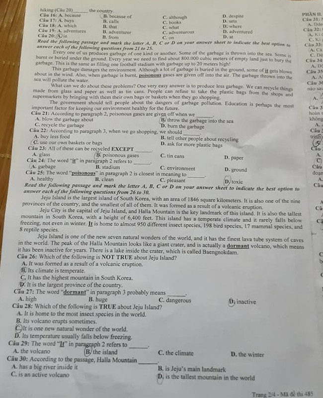 Đề thi tuyển sinh lớp 10 môn Tổng hợp Vĩnh Phúc 2021