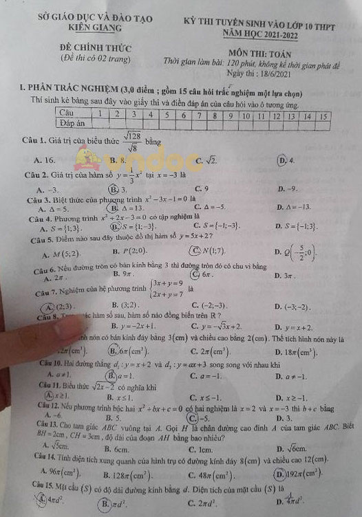 Đề thi tuyển sinh lớp 10 môn Toán Kiên Giang 2021
