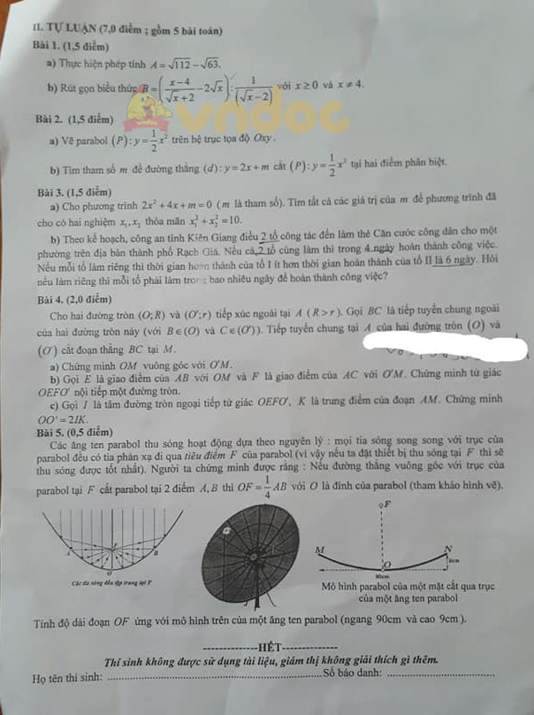 Đề thi tuyển sinh lớp 10 môn Toán Kiên Giang 2021