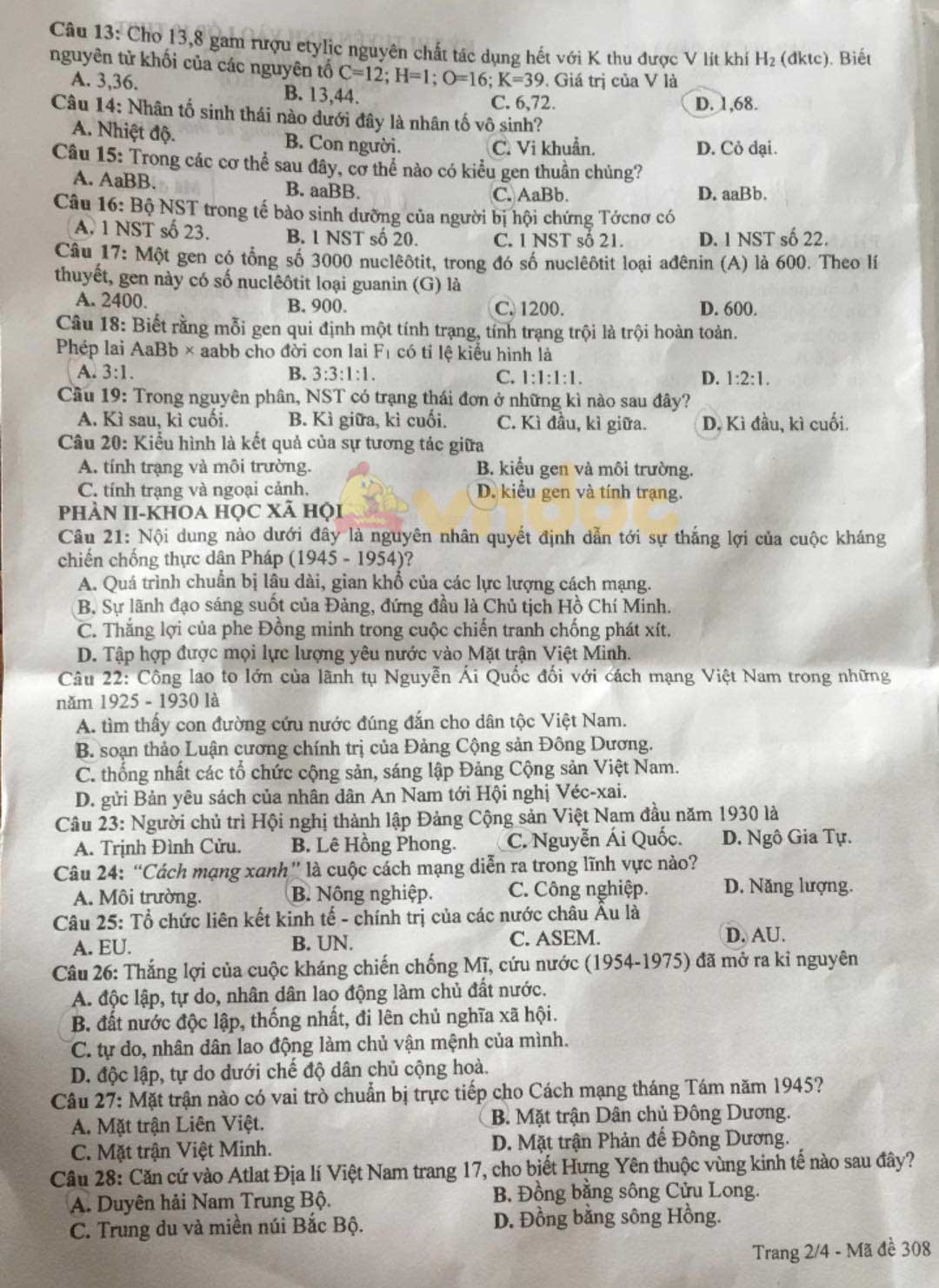 Đề thi tuyển sinh lớp 10 môn Tổng hợp Hưng Yên 2021