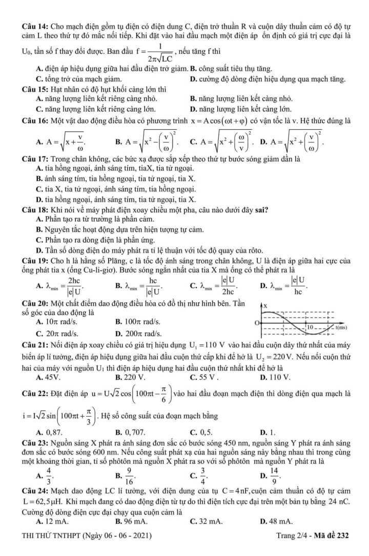 Đề thi thử THPT Quốc Gia 2021 môn Lý có đáp án