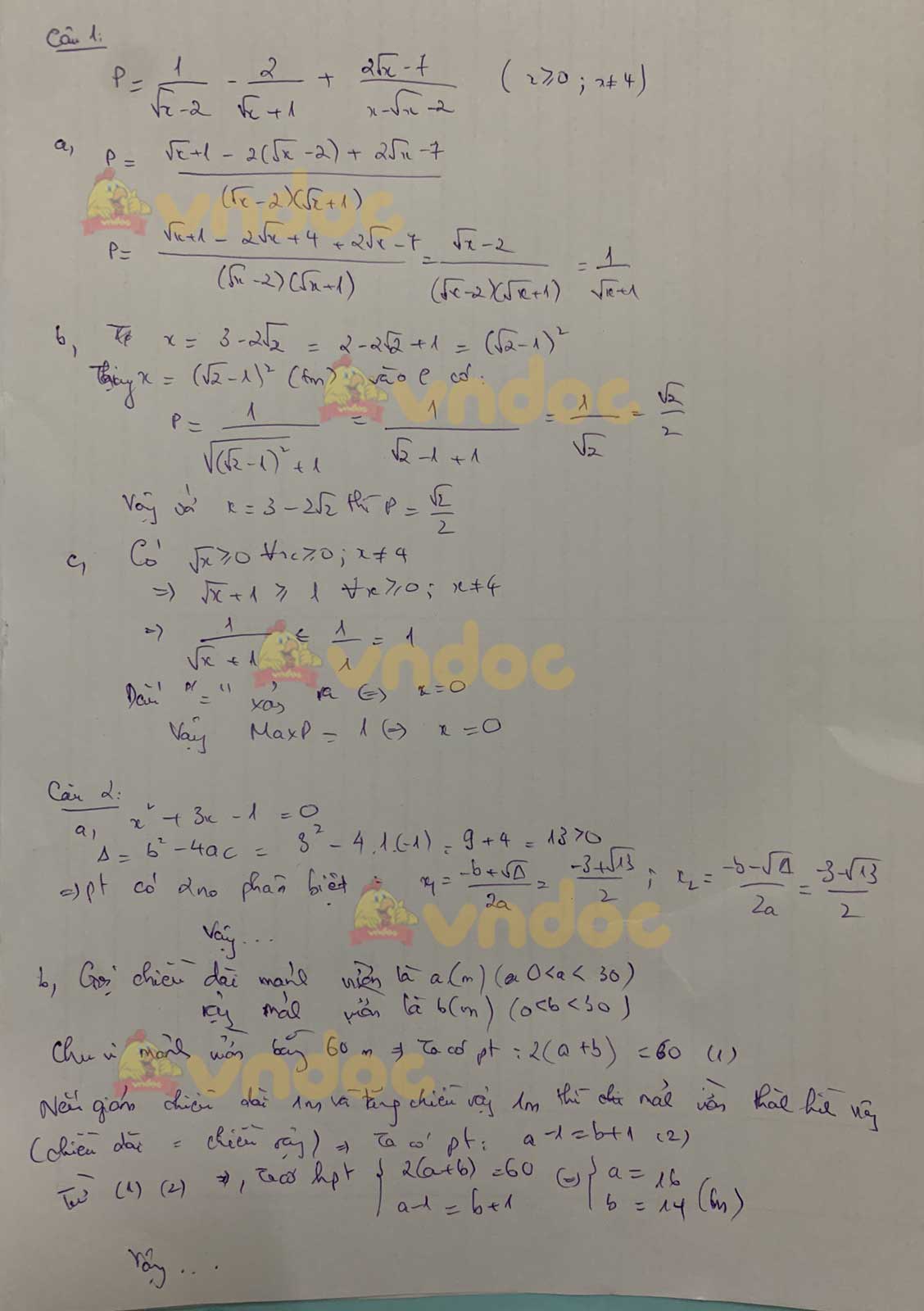Đáp án đề thi tuyển sinh lớp 10 môn Toán Thái Bình 2021