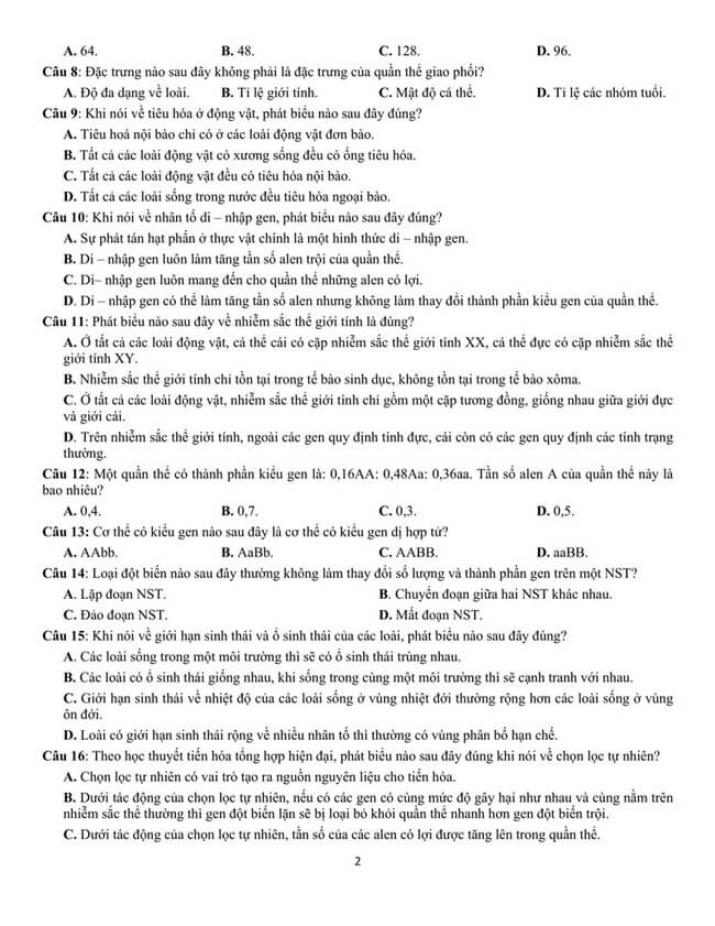 Đề thi thử THPT Quốc gia 2021 môn Sinh