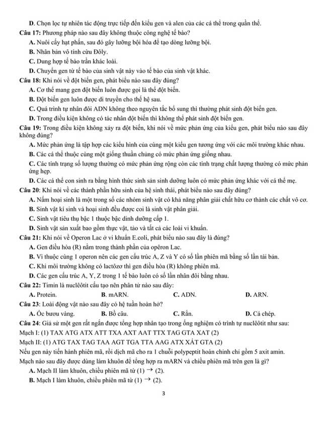 Đề thi thử THPT Quốc gia 2021 môn Sinh