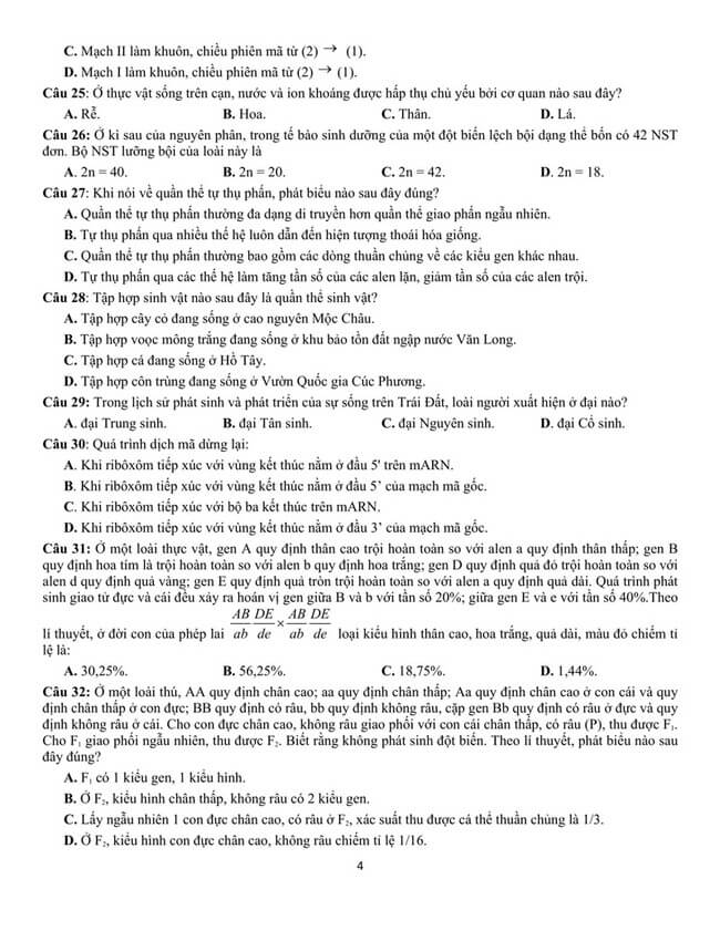 Đề thi thử THPT Quốc gia 2021 môn Sinh