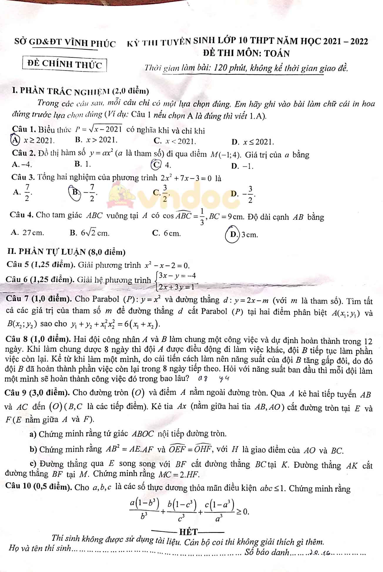 Đề thi tuyển sinh lớp 10 môn Toán Vĩnh Phúc 2021
