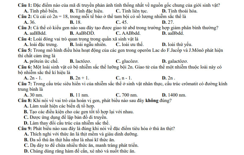 Đề thi thử tốt nghiệp THPT môn Sinh 2021
