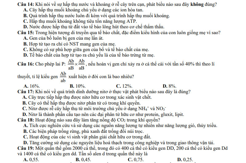Đề thi thử tốt nghiệp THPT môn Sinh 2021
