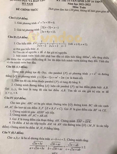 Đề thi tuyển sinh lớp 10 môn Toán Hà Nam 2021