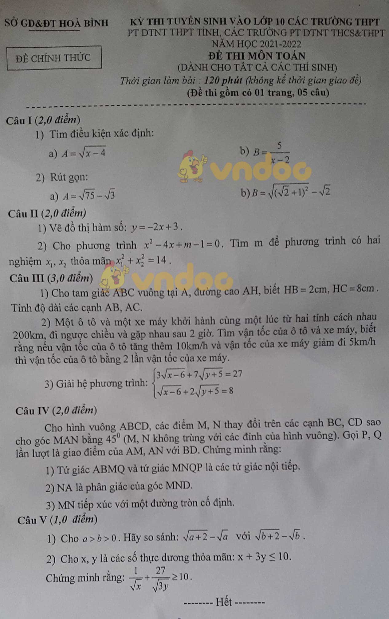 Đề thi tuyển sinh lớp 10 môn Toán Hòa Bình 2021