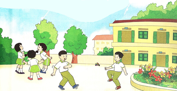 GIỜ RA CHƠI  (trích)  Trống báo giờ ra chơi Từng đàn chim áo trắng Chân bước khỏi ghế ngồ Ùa ra ngoài sân nắng.  Chỗ này những bạn gái Chơi nhảy dây nhịp nhàng Tiếng vui cười thoải mái Cho nghiêng cánh lá bàng.  Đằng kia những bạn trai Đá cầu bay vun vút Dưới nắng hồng ban mai Niềm vui dâng náo nức.  Trống điểm giờ vào lớp Những chú chim vội vàng Xếp hàng mau vào lớp Bài học mới sang trang.  Nguyễn Lãm Thắng