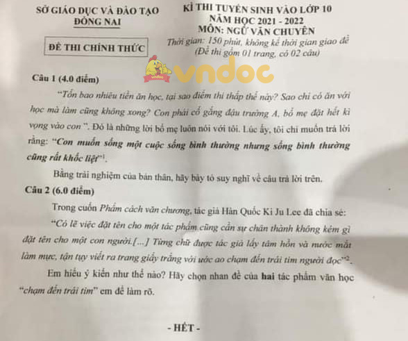 Đáp án đề thi tuyển sinh lớp 10 môn Văn chuyên tỉnh Đồng Nai năm 2021