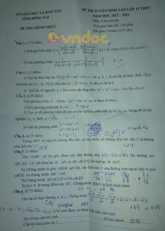 Đề thi tuyển sinh lớp 10 môn Toán Chuyên Đồng Nai năm 2021