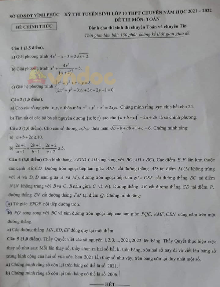 Đề thi tuyển sinh lớp 10 môn Toán Vĩnh Phúc năm 2021 (đề Chuyên)