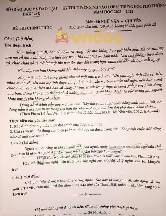 Đề thi tuyển sinh lớp 10 môn Văn Chuyên Đắk Lắk năm 2021