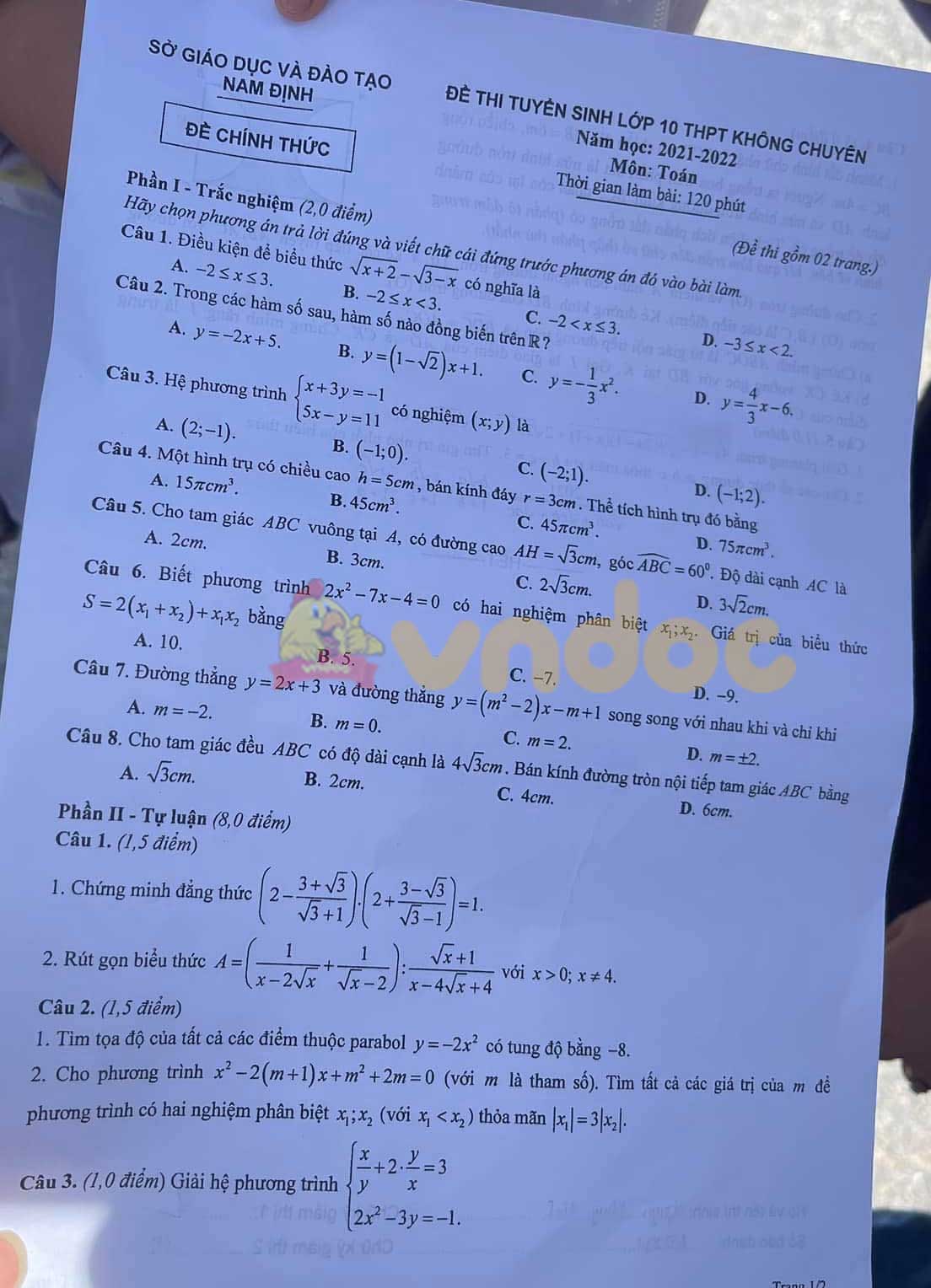 Đề thi tuyển sinh lớp 10 môn Toán Nam Định 2021
