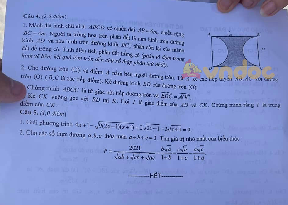 Đề thi tuyển sinh lớp 10 môn Toán Nam Định 2021