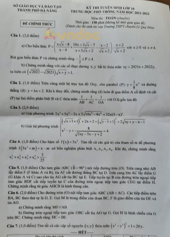Đề thi tuyển sinh lớp 10 môn Toán Chuyên Đà Nẵng năm 2021