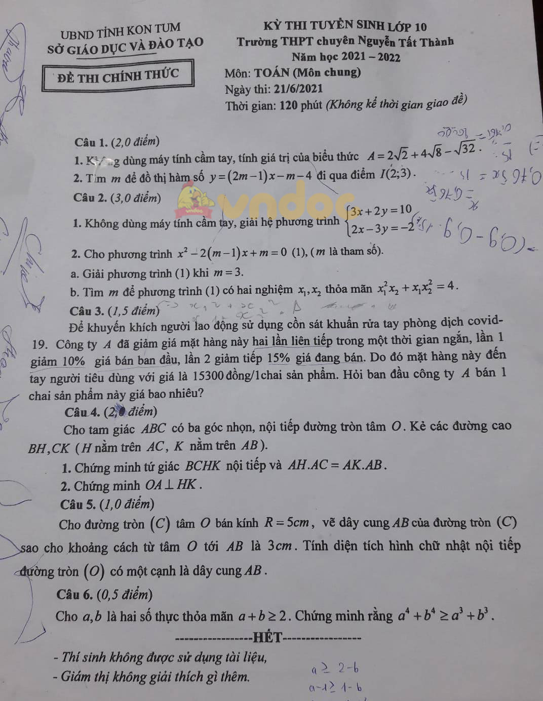 Đề thi tuyển sinh lớp 10 môn Toán THPT Chuyên Nguyễn Tất Thành, Kon Tum năm 2021 (môn chung)