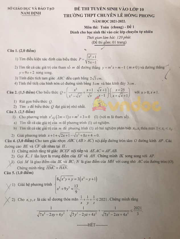 Đề thi tuyển sinh lớp 10 môn Toán Trường THPT Chuyên Lê Hồng Phong năm 2021 (đề chung)