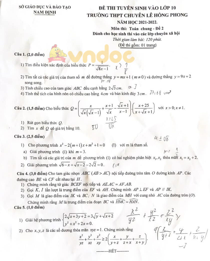 Đề thi tuyển sinh lớp 10 môn Toán Trường Chuyên Lê Hồng Phong năm 2021