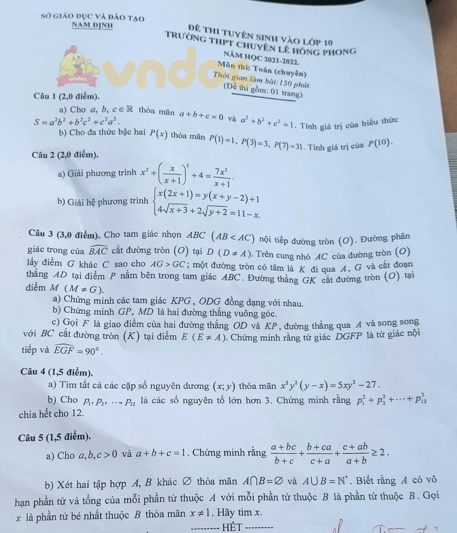 Đề thi tuyển sinh lớp 10 môn Toán Chuyên Lê Hồng Phong năm 2021 (đề chuyên)