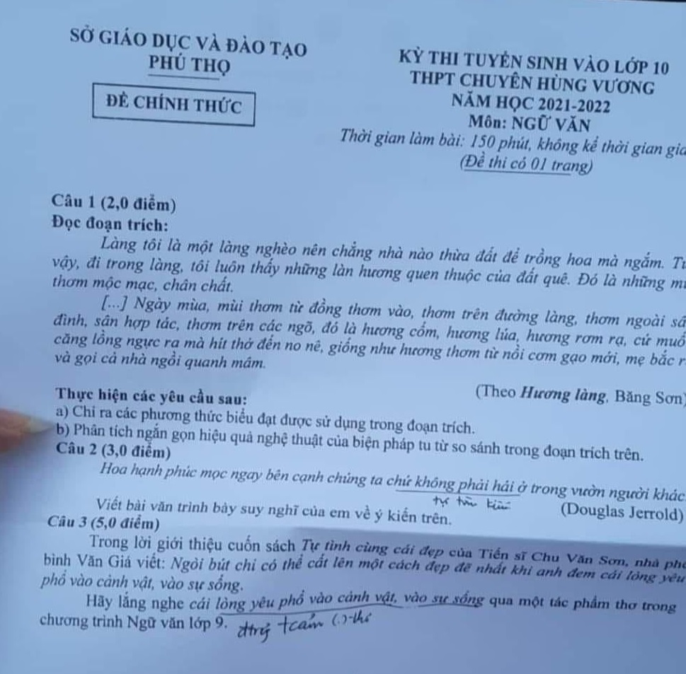 Đề thi tuyển sinh lớp 10 môn Văn trường THPT Chuyên Hùng Vương năm 2021