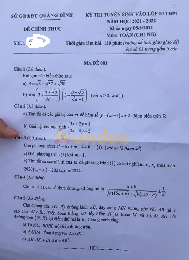 Đề thi vào lớp 10 môn Toán tỉnh Quảng Bình năm 2021